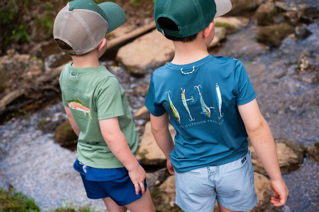 Boys' Short Sleeve Cotton T-shirt in Hedge Green with Rainbow Trout Fish