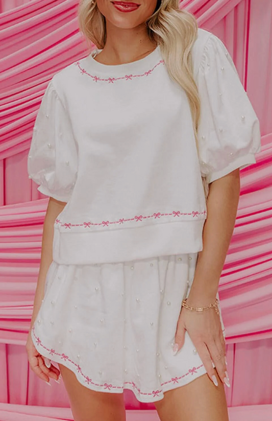 Bow Embroidery and Pearl Embellished Puff Sleeve Skirt Set