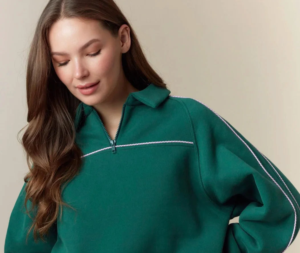 Gingham Piping Detailed Fleece French Terry Sweatshirt/Short Set
