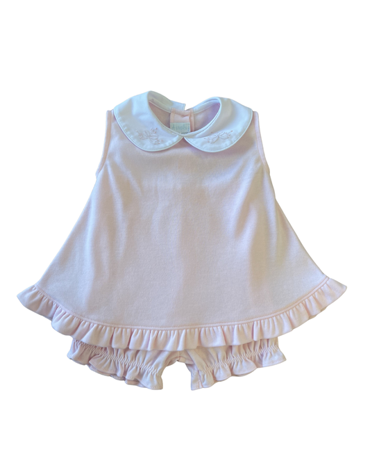 Auraluz Girl Sleeveless 2pc Knit Set...Pink with white p.p. collar and embroidered bow