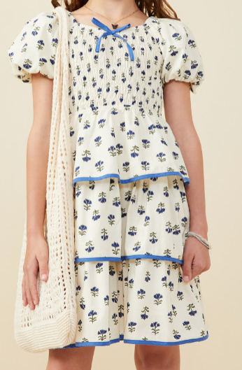 Ditsy Floral Tiered Smocked Contrast Bow Dress