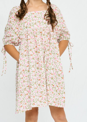Tie Sleeve Square Neck Floral Dress