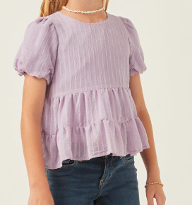 Girls Textured Stripe Puff Sleeve Tiered Top