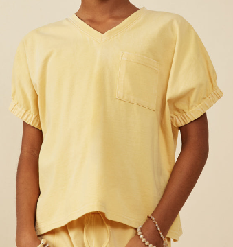 Garment Washed V Neck Elastic Sleeve T