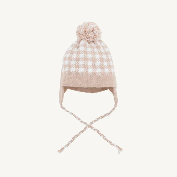 Beaufort Bonnet Light Khaki Gingham/Worth Ave White Parrish Pom Pom Hat