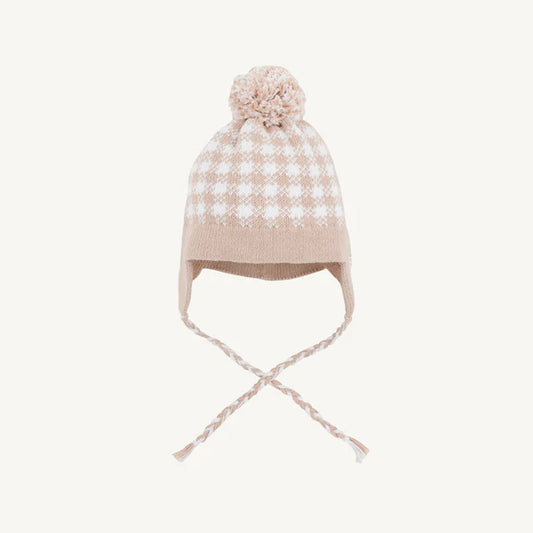 Beaufort Bonnet Light Khaki Gingham/Worth Ave White Parrish Pom Pom Hat