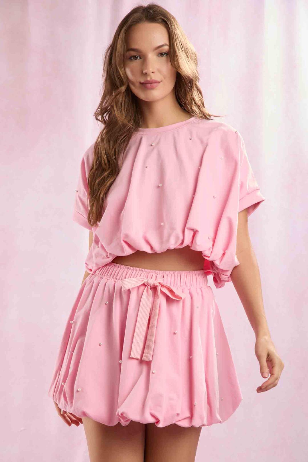 Pink Pearl Bubble Hem Skirt Set