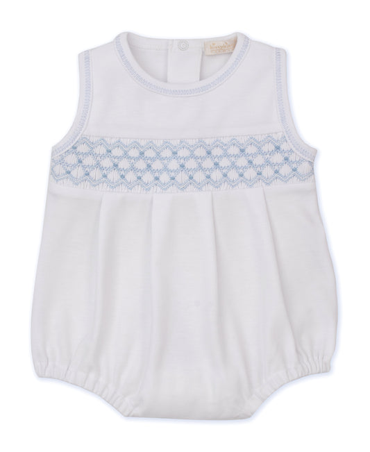 White with Blue hand smocked bubble
